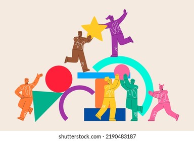 A team of people assemble an abstract geometric puzzle. Teamwork concept. Colorful vector illustration
