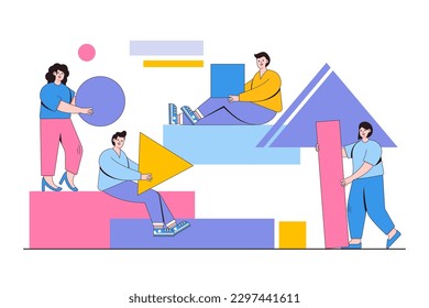 A team of people assemble an abstract geometric puzzle shapes with people character. Outline design style minimal vector illustration for landing page, web banner, infographics, hero images.
