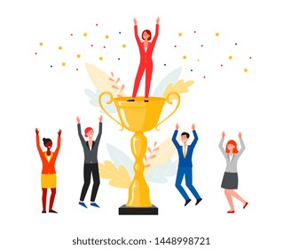 Team of people with award cup celebrating victory and success the flat vector illustration isolated on white background. Cartoon men and women in business concept.