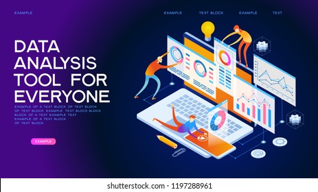  team of people build a chart and graphs. Concept of of innovative data analysis. Data analysis. Page template. 3d isometric illustration