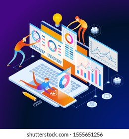 А equipo de personas construye un gráfico y gráficos. Concepto de la idea de un análisis de datos innovador. Análisis de datos. Plantilla de página. 3.ª ilustración isométrica