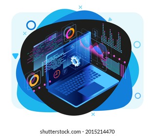 А team of people build a chart and graphs. Concept of the idea of innovative data analysis. Data analysis. Page template. 3d isometric illustration