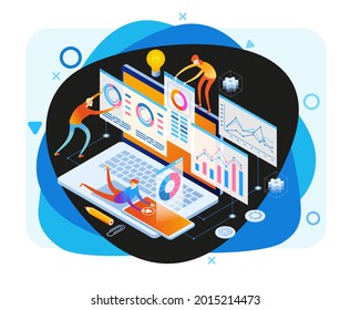 А team of people build a chart and graphs. Concept of the idea of innovative data analysis. Data analysis. Page template. 3d isometric illustration