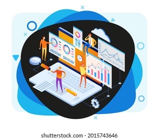 А team of people build a chart and graphs. Concept of the idea of marketing digital strategy. Data analysis. Page template. 3d isometric illustration