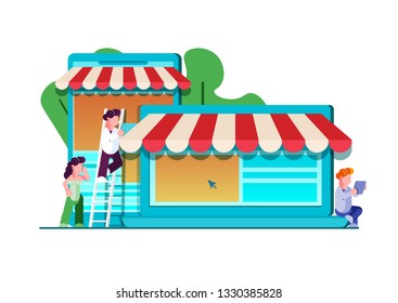 Team of people building or designing computer app. Website application creative design development concept. Teamwork strategy. Flat. Vector illustration. - Vector illustration