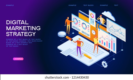 A team of people builds a chart and graphs. The concept of the idea of marketing digital strategy. Data analysis. Page template. 3d isometric illustration