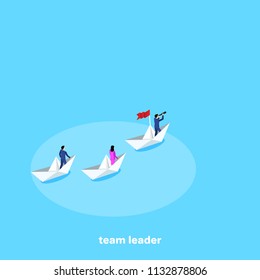 a team of people in business suits sails on paper boats, an isometric image