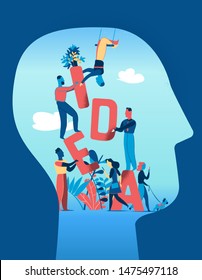 A team of people collaborate to develop creative ideas together inside a human head, vector illustration - Vector