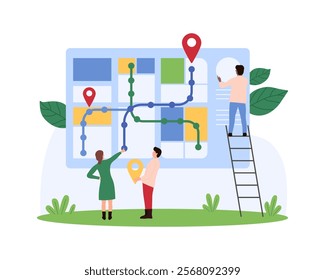 Team of people collaborates on a large city map, using markers and pointers to plan routes. Scene includes location pins and a ladder, symbolizing urban planning and navigation vector illustration