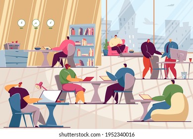 Team of people with computers sharing working space. Office workers at workplace flat vector illustration. Coworking space, business meeting concept for banner, website design or landing web page