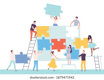 Team of People Connecting Puzzle Elements, Men and Women Assembling Puzzle, Teamwork, Cooperation Concept Cartoon Style Vector Illustration