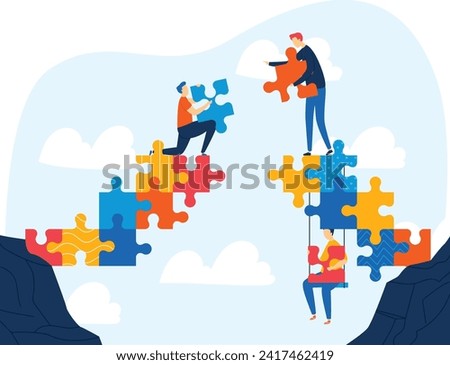 Team of people constructing puzzle bridge across cliff. Teamwork and problem solving in business, strategy concept vector illustration.