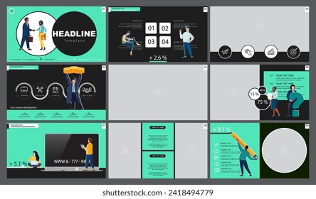 Team of people creates a business, ethnic, dollars, teamwork. Set, Business presentation, launch of a new financial project. Infographic design template, turquoise, black elements. Vector illustration