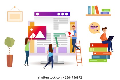 A team of people creates a website. Programmers, designers, video editors, copywriters. Illustration design Landing page. Young mаn and women on ultraviolet background.