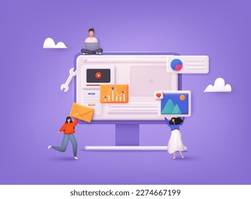 A team of people is developing a website by filling it with functions, concept vector illustration for the development of websites and mobile sites. 3D Web Vector Illustrations.