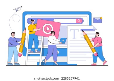 A team of people is developing website, mobile sites and SEO by filling it with functions. Outline design style minimal vector illustration for landing page, web banner, infographics, hero images.