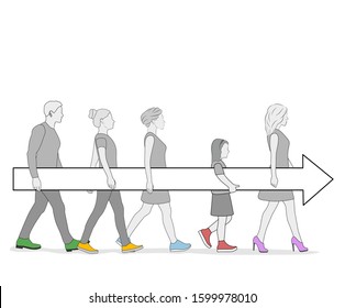 a team of people of different ages and genders carry an arrow. teamwork. go to the goal. vector illustration.