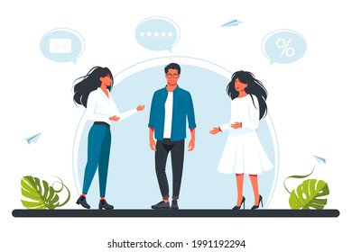 a team of people are discussing something with each other. Men and women giving stars, rating. Business people meeting. Vector illustration