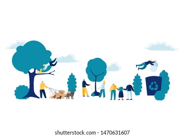 Team People Doing volunteer work. Volunteering, charity, and ecology vector illustration concept - group smiling young men with garbage bags cleaning in park and support elder persons. Cartoon flat 