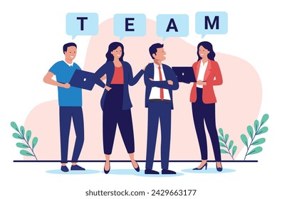Team of people in flat design - Vector illustration of group of businesspeople characters standing with word above head. Corporate business teamwork concept with white background