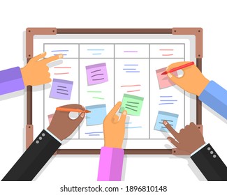 Team people hands sticking work business plan schedule and memo notes on chalkboard. Agile project plan. Scrum task board concept with human hands holding colorful sticky papers and markers. Vector.