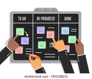 Team people hands sticking work business plan schedule and memo notes on chalkboard. Agile project plan. Scrum task board concept with human hands holding colorful sticky papers and markers. Vector.