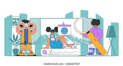 Un equipo de personas ayuda a encontrar información en internet. Ilustración luminosa y elegante, carácter de estilo moderno.