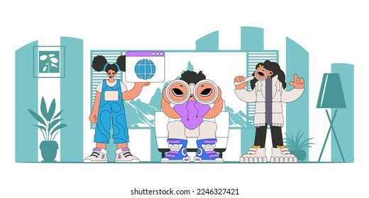 A team of people help find information on the internet. Marketing materials.