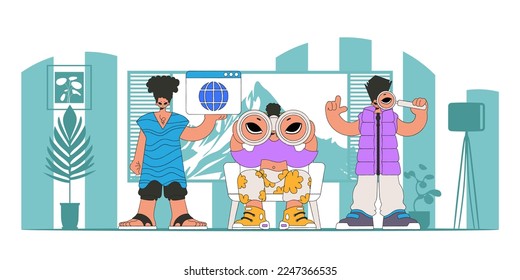 A team of people help find information on the internet. Modern character style.