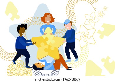 Team of people hold puzzle star. Team and teamwork. Concept of team building. Business. Friendship. Assessment, experience, success,  recognition in life. Hand drawn sketch vector illustration.