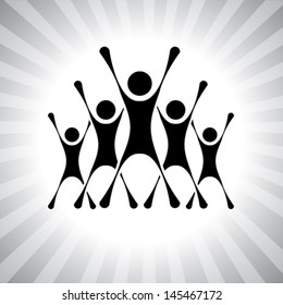 team of people jumping after victory in a competition- vector graphic. This illustration can also represent winners of a challenge, excited team members, thrilled people, super achievers, etc