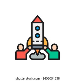 Team of people launches rocket, startup flat color line icon.