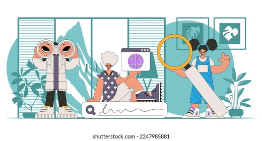 A team of people are looking for information. Bright and stylish illustration, Bright trendy character.