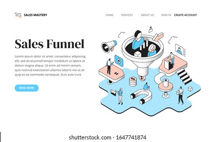 Team Of People Managing The Sales Funnel Process. Planning Revenue, Analyze Information, Segmenting Customers, Lead Generation Strategy. Banner For A Landing Page With Isometric Outline Illustration