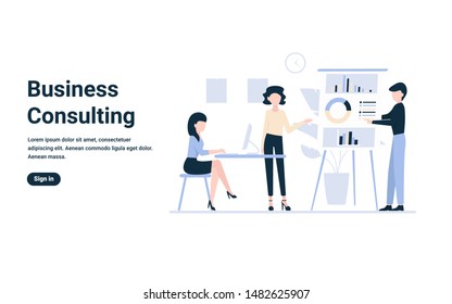 Team of people in the office working on a project, analyze. Business consultation, project assistance. Flat concept for website and landing page template.