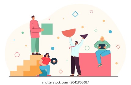 Team of people organizing geometric figures of different shapes. Group of men and women holding triangle, circle, square, working together flat vector illustration. Organization, teamwork concept