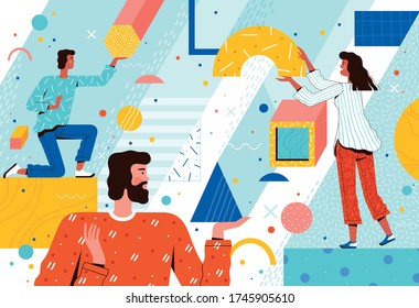 A team of people places abstract geometric shapes. The concept of cooperation, teamwork and team building. Characters organize space together