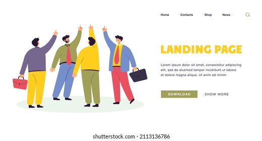 Team of people pointing fingers upward. Flat vector illustration. Business workers, partners posing together rearing hands up, achieving goals, striving for success. Teamwork, motivation concept