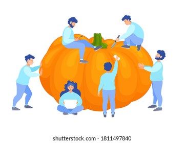 A team of people prepare for Thanksgiving and cut a pumpkin. Vector banner on the theme of harvest, autumn festival. Teamwork. A group of people with a huge pumpkin.