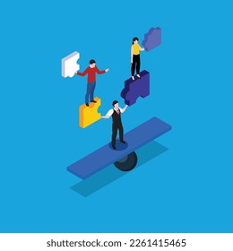 A team of people with puzzle on a seesaw 3d isometric vector illustration concept for banner, website, landing page, ads, flyer template