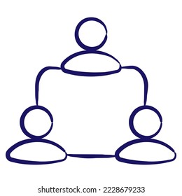 Team of people with pyramidal hierarchy. Simple outline vector blue icon drawn with brush isolated on transparent background