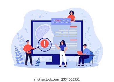 Equipo de personas que buscan la ilustración vectorial de desinformación. Dibujo de caricaturas de periodistas encontrando noticias falsas en línea, pantalla gigante. Inteligencia artificial, tecnología, concepto de desinformación