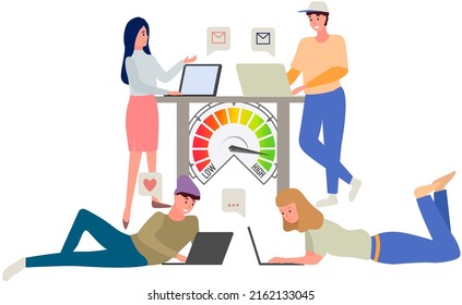 Team of people sitting at desk with laptops, working together, discussing start-up. Chatting, communication and sending messages via Internet. Meeting of colleagues. Coworking, teamwork concept