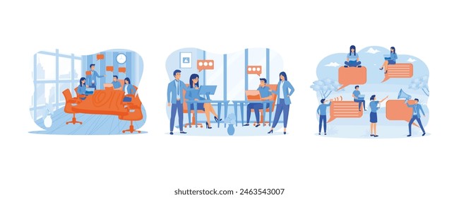 Team of people sitting at desk with laptops working together. Coworking, teamwork concept. A group of people communicates through the Internet social networks. Set flat vector modern illustration 