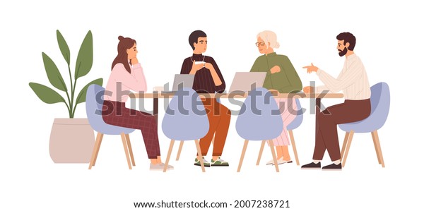 Team of people sitting at desk with laptops,
working together, discussing start-up. Meeting of colleagues.
Coworking, teamwork concept. Colored flat vector illustration
isolated on white
background.