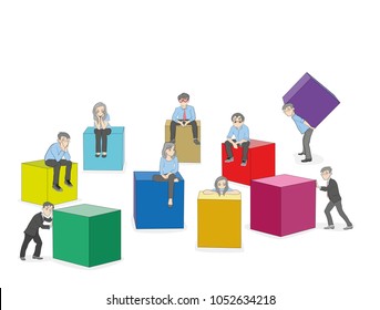 the team of people is sitting on the dice. business concept. vector illustration.
