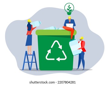 Team People sort waste for recycling Put plastic bottle and throwing them into special trash bin  Ecology concept. Clean planet garbage recycling and saving the planet concept.Flat vector illustration