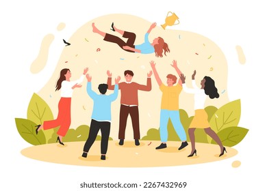 Team of people tossing happy person vector illustration. Cartoon office workers toss best colleague, winner with award cup up in air, congratulate and celebrate victory or company achievement