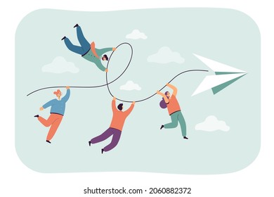 Team of people traveling on paper plane, hanging by thread. Journey of male and female tiny characters flying in air into future flat vector illustration. Business challenge, achievement concept