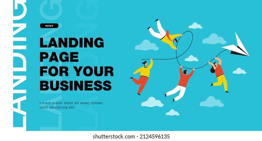 Team of people traveling on paper plane, hanging by thread. Journey of male and female tiny characters flying in air into future flat vector illustration. Business challenge, achievement concept